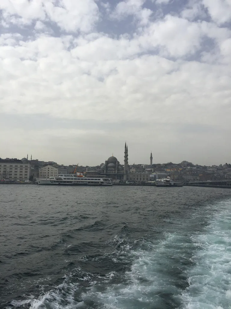 The historic peninsula in Istanbul from the water, a mosque and two ferries